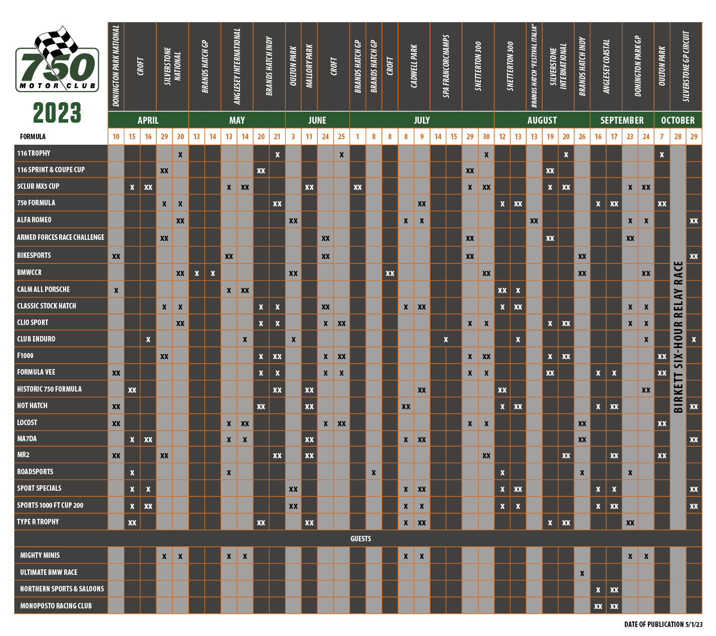 750 Motor Club Race Calendar